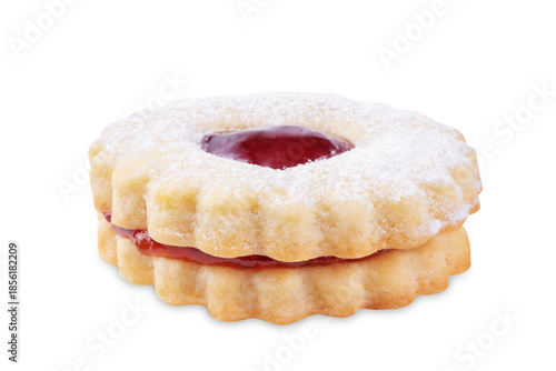 Linzer cookies with strawberry jam and heart shape topping for Valentine's day holiday on a white isolated background