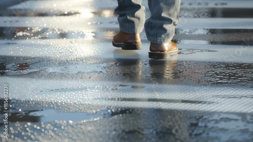 Person walking on an icy winter sidewalk with reflective frozen surface showing slippery conditions pedestrian danger and seasonal urban safety risk