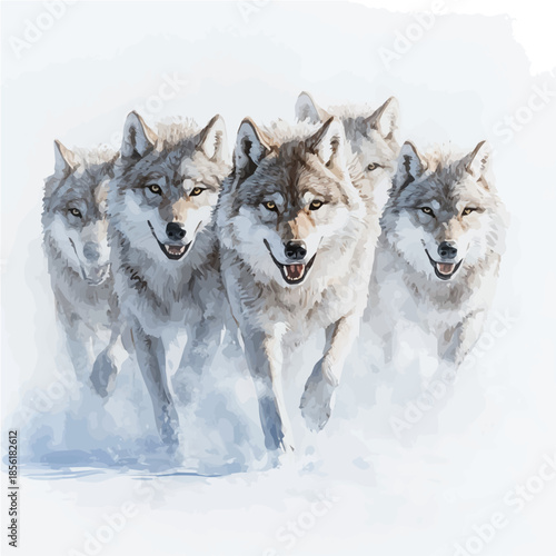 watercolor vector of Wolf Pack Running, isolated on a white background.
