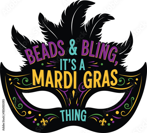 Vibrant mardi gras mask with feathers and beads