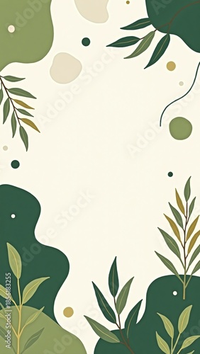 Ethereal botanical background with abstract green shapes and leaves for wellness branding, marketing campaigns, or eco-friendly advertising with copy space for text