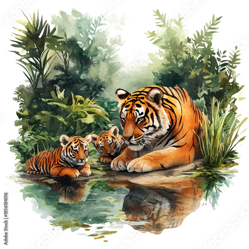 watercolor of Tiger With Cubs Resting, vector, isolated on a white background.