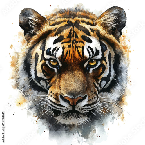 Tiger Staring Intensely, watercolor vector, isolated on a white background.