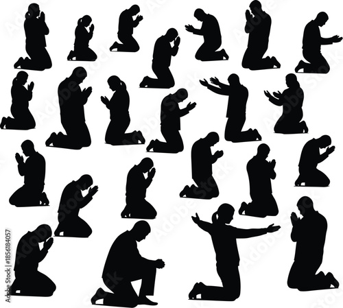 People praying in various positions silhouette