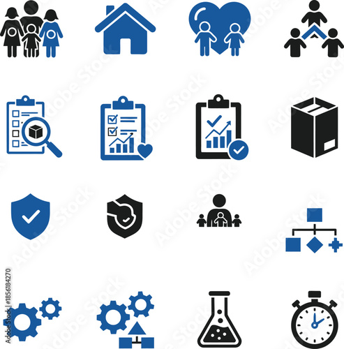 Collection of blue and black business quality control management icons representing concepts like family structure housing health safety shipping checklist statistics and laboratory processes