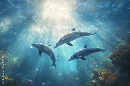 Wallpaper Mural Serene underwater scene with dolphins and sunlight rays for marine exploration themes Torontodigital.ca