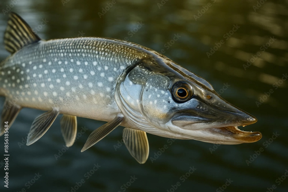 Obraz premium Close up of northern pike head and body above water, detailed scales, teeth, and fins of a freshwater predator.