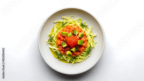 Minimalist, a modern salmon tartare bowl with a base of finely shredded savoy cabbage, diced salmon, avocado, and ikura salmon roe, with dill oil drizzle 