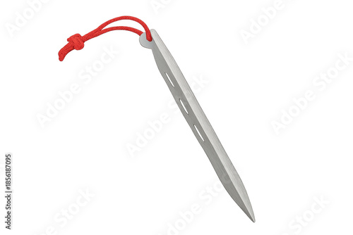 Metal tent stake with red cord for secure outdoor camping