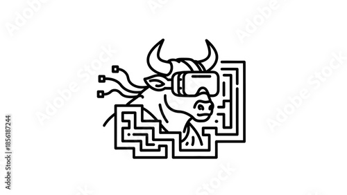 Black and white bull head maze logo design.