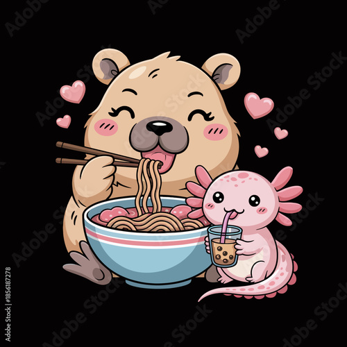 A joyful cartoon Capybara  and pink axolotl enjoy a meal together.