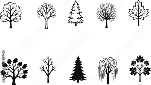 Collection of different tree silhouettes in black and white