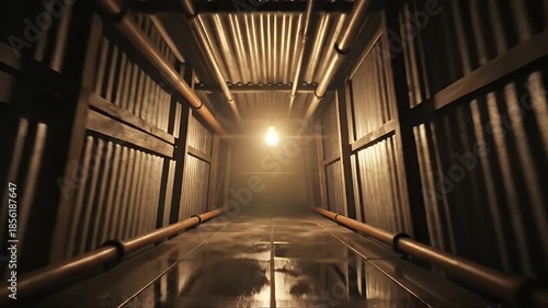 Mysterious wooden tunnel with bright light at the end, dark and eerie atmosphere.