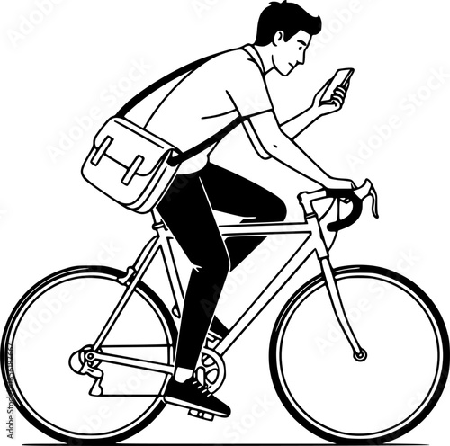 Urban bicycle courier man on bike checking phone delivery vector icon
