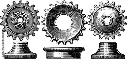 Vintage engraved set of gear, tooth, and pie silhouette for retro design and label illustration