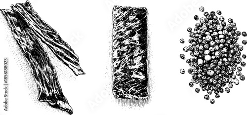 Vintage hand-drawn set of jerky strips and seasoning illustration for retro design