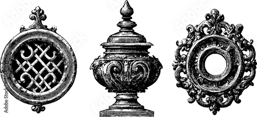 Vintage engraved illustration set of ornate lantern and grill designs for retro decor