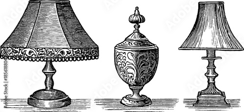Vintage lamp and vase design set - engraved illustration for antique decor concepts