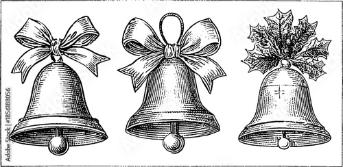 Vintage engraved illustration set of jingle bells with festive bows and holly decoration