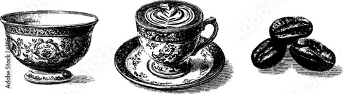 Vintage engraved latte cup set with coffee beans and bowl illustration