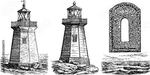 Vintage lighthouse engravings set with detailed architectural design for nautical themes