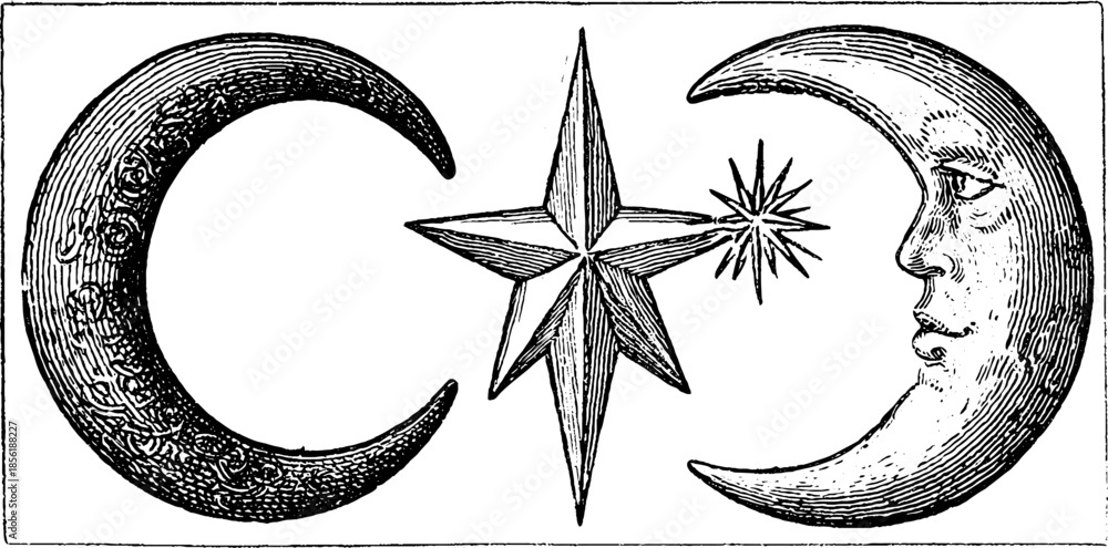 Obraz premium Vintage crescent moon and star engraving illustration set