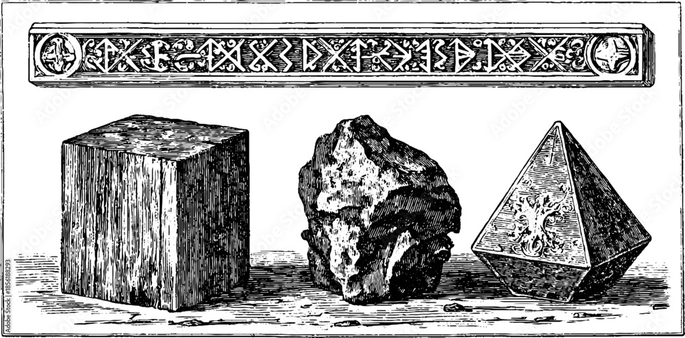 Ταπετσαρία Nordic rune themed vintage engraving of geometric objects and stone set - design