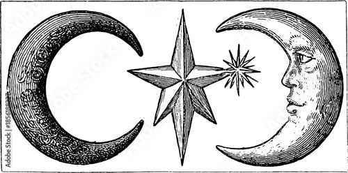 Vintage crescent moon and star engraving illustration set