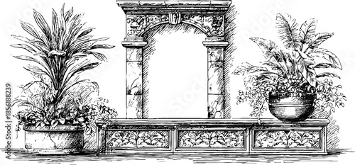 Vintage engraved illustration set of ornamental plants and architectural mosaic tile design