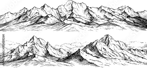 Vintage engraved mountain ridge illustration set for design and decor
