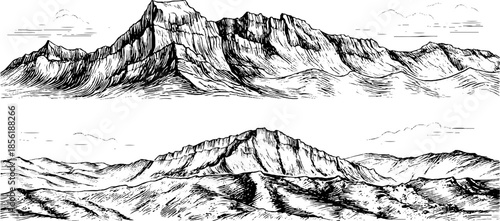 Vintage engraved mountain ridge illustration set for design and decoration