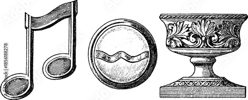 Vintage sketch of music note, medallion, and ornate goblet illustration for design
