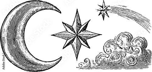 Vintage etched night sky elements: crescent moon, north star, and clouds for design