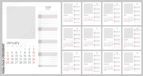 Calendar planner for 2026. 2026 calendar design, set of 12 months. Elegant yearly planner layout for business, corporate documents, reports and modern scheduling systems.