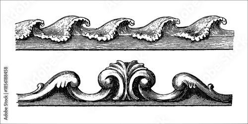 Vintage engraved wave designs for artistic decoration and etched pattern creations