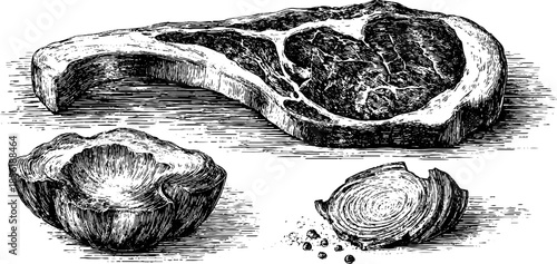 Vintage engraved illustration set of ribeye and marbling for culinary design and labeling