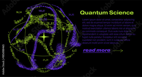 Swirling clusters of glowing particles orbiting elliptical paths around a central bright star-like nucleus on a black background. Conceptual vector illustration for quantum science, particle physics.