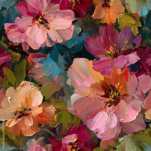 Floral pattern design featuring pink flowers, green leaves, touches of orange paint.