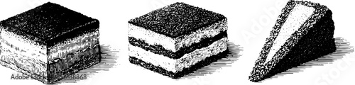 Vintage engraving of tiramisu desserts trio - perfect for culinary art and design
