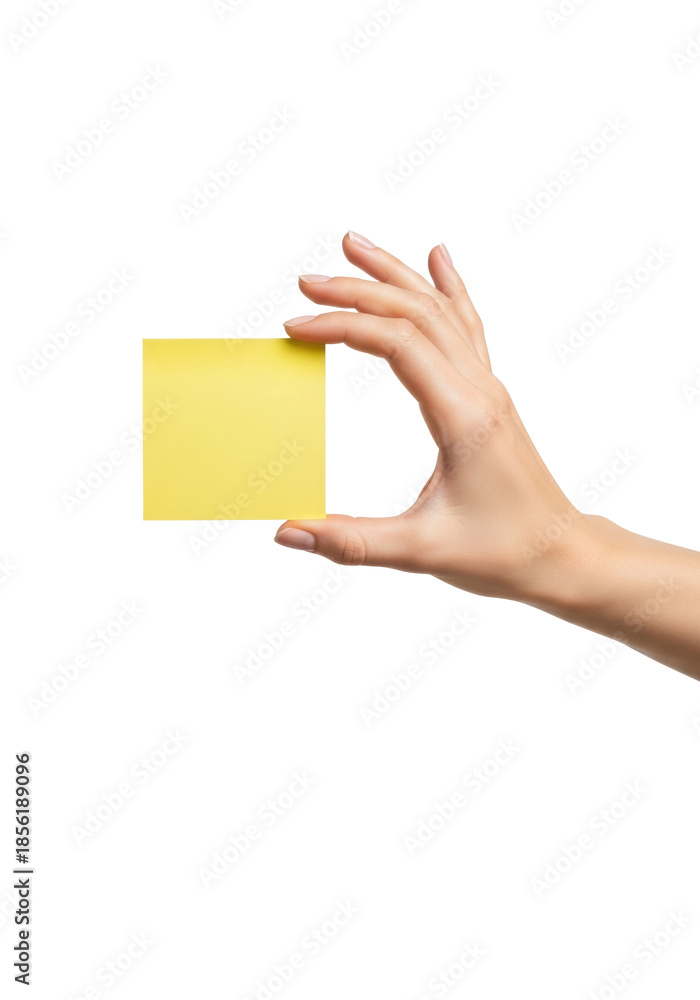 Obraz premium Close-up of a young caucasian woman's hand with clear polish gently pinching a blank yellow sticky note, isolated against a seamless high-key white background. Concept of memory, communication, and