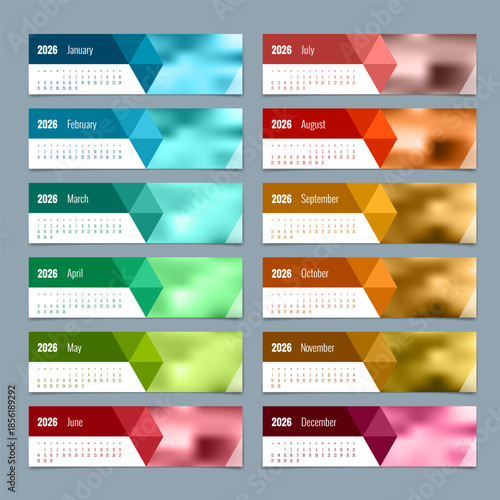 Calendar planner for 2026. 2026 calendar design, set of 12 months. Elegant yearly planner layout for business, corporate documents, reports and modern scheduling systems.