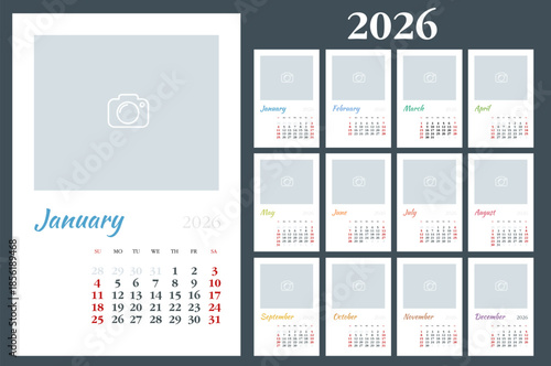 Calendar planner for 2026. 2026 calendar design, set of 12 months. Elegant yearly planner layout for business, corporate documents, reports and modern scheduling systems.