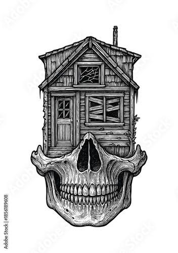 Haunted House Skull Illustration – Dark Gothic Engraving Art
