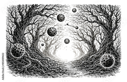 Dark Fantasy Forest with Floating Spores – Hand Drawn Ink Illustration