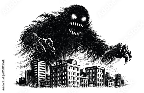 Giant Shadow Creature Over City – Dark Ink Illustration