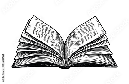 Open Book with Pages – Hand Drawn Black Ink Illustration