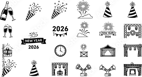 Black and white stage light celebration vector icon set and New Year 2026 holiday concept set
