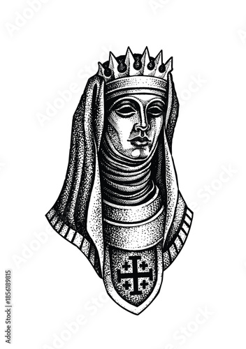 Medieval Queen or Saint Bust Engraving illustration