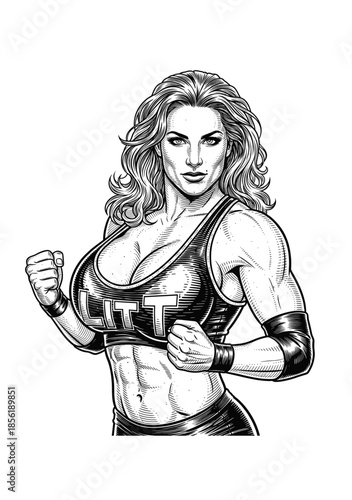 Vintage Engraving of Muscular Female Wrestler in Retro Comic Style