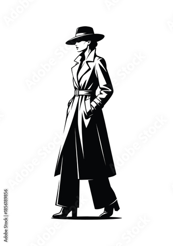 Vintage Engraving of Detective Woman in Trench Coat and Fedora Silhouette